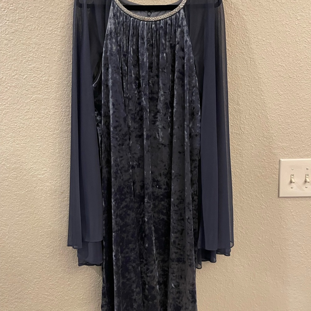 R&M Richards Rhinestone/Velvet Neck Shift Dress with Chiffon Cape Dress